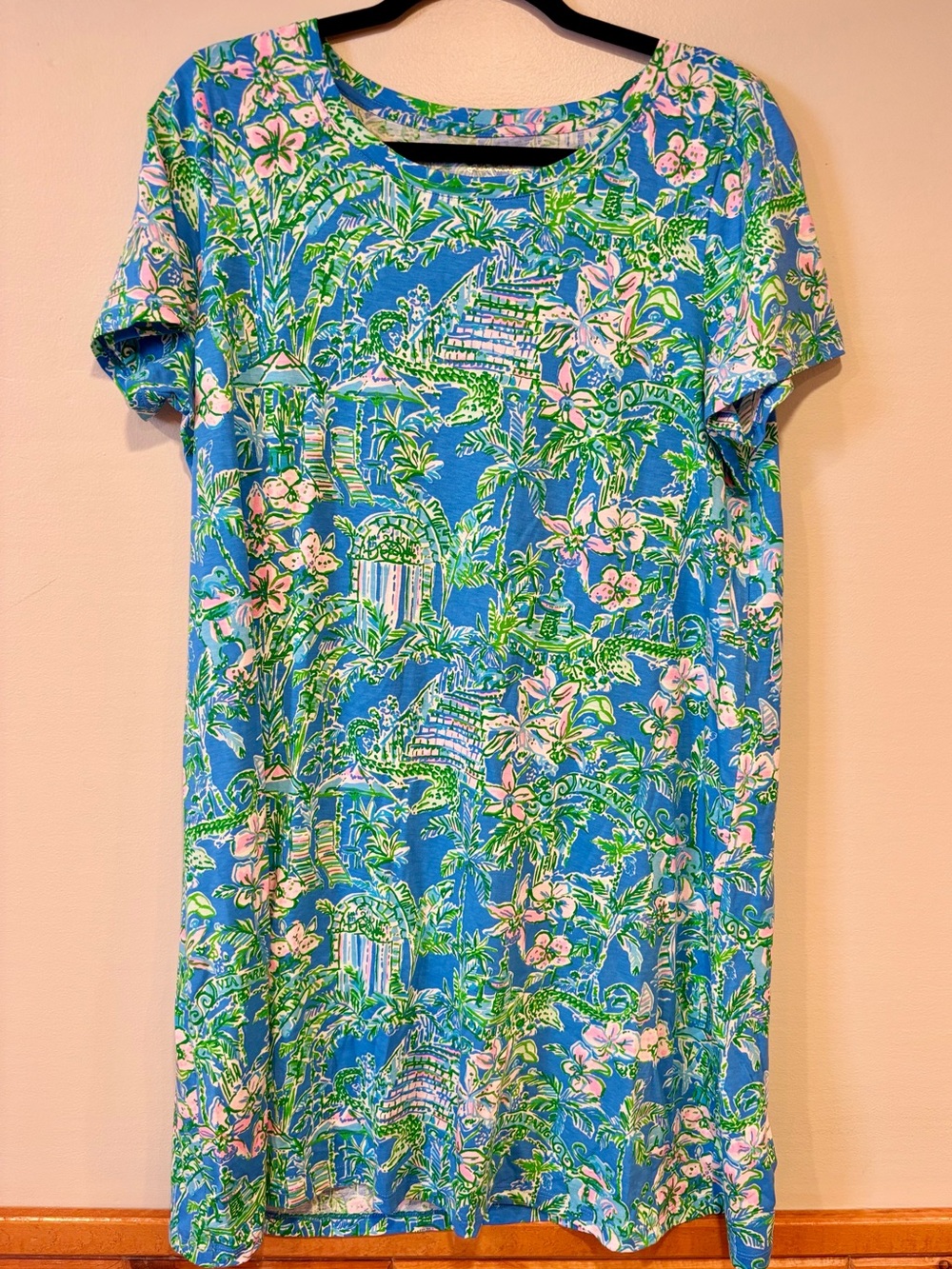 Lilly Pulitzer Cody Short Sleeve Blue Dress Beneath the Bougainvillea Large